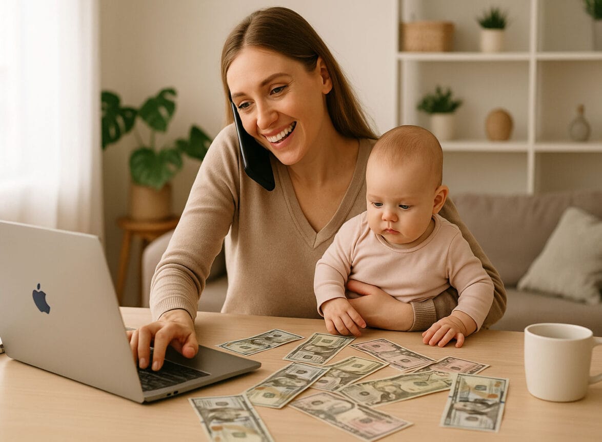 A smiling woman multitasking while holding a baby and talking on the phone, working on a laptop with cash spread out on the table