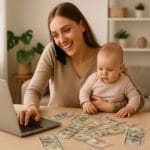 A smiling woman multitasking while holding a baby and talking on the phone, working on a laptop with cash spread out on the table